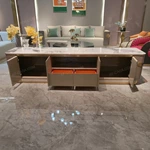 Contemporary TV Stand with Marble Top, Fluted Panels and Brushed Gold Accent Handles